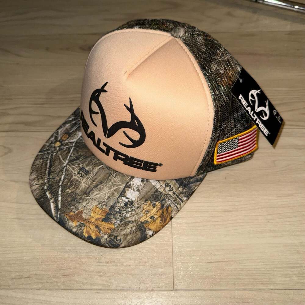 Realtree Camo Mesh Back Trucker Hat with American Flag Patch Snapback
